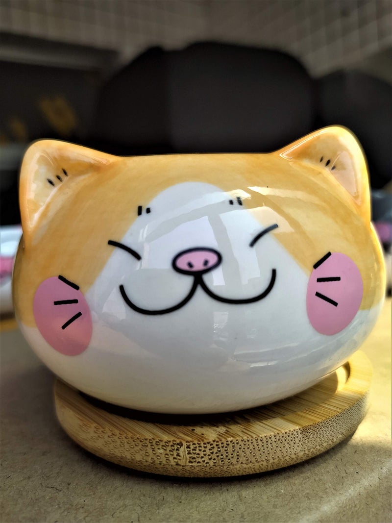 Cuteforyou Cute 3.5 Inches Indoor Cartoon Animal Cat Shaped Ceramic Succulent Cactus Flower Plant Pots with Bamboo Tray-Plant Not Included (Yellow) - Image 2